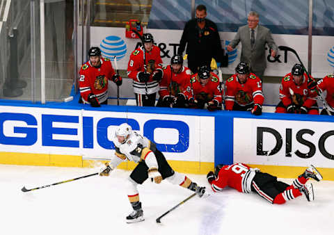 Brayden McNabb #3 of the Vegas Golden Knights skates after after boarding Drake Caggiula #91 of the Chicago Blackhawks during the second period in Game Three of the Western Conference First Round. (Photo by Jeff Vinnick/Getty Images)