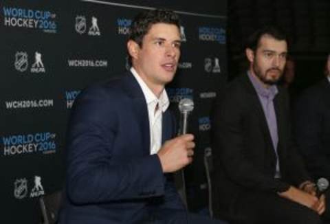 Sep 9, 2015; Toronto, Ontario, Canada; Sidney Crosby answers questions from the press as Drew Doughty looks on during a press conference and media event for the 2016 World Cup of Hockey at Air Canada Centre. Mandatory Credit: Tom Szczerbowski-USA TODAY Sports