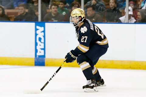 MANCHESTER, NH – MARCH 30: Notre Dame Fighting Irish defenseman Bobby Nardella (27) holds the puck during the Northeast Regional final between the UMASS Minutemen and the Notre Dame Fighting Irish on March 30, 2019, at SNHU Arena in Manchester, NH. (Photo by Fred Kfoury III/Icon Sportswire via Getty Images)