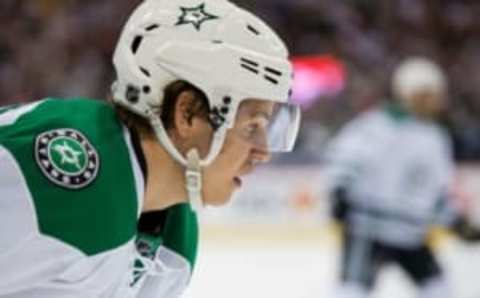 Apr 18, 2016; Saint Paul, MN, USA; Dallas Stars forward Mattias Janmark (13) at the faceoff in the first period against the Minnesota Wild in game three of the first round of the 2016 Stanley Cup Playoffs at Xcel Energy Center. Mandatory Credit: Brad Rempel-USA TODAY Sports