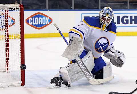 NEW YORK, NEW YORK – APRIL 27: Ukko-Pekka Luukkonen #1 of the Buffalo Sabres skates against the New York Rangers at Madison Square Garden on April 27, 2021 in New York City. The Rangers defeated the Sabres 3-1. (Photo by Bruce Bennett/Getty Images)