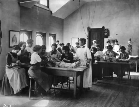 Medical students at the Women's College Hospital in Philadelphia dissect human bodies in 1911.