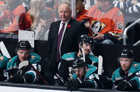 LOS ANGELES, CA – NOVEMBER 6: Head coach Randy Carlyle of the Anaheim Ducks looks on during the second period of the game against the Los Angeles Kings at STAPLES Center on November 6, 2018, in Los Angeles, California. (Photo by Juan Ocampo/NHLI via Getty Images)