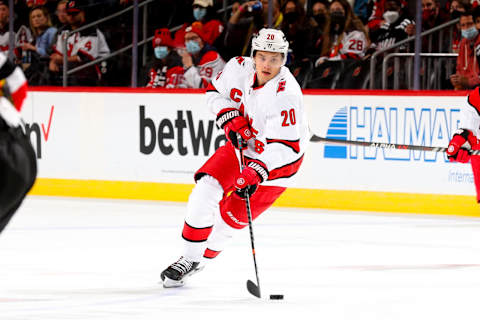 NEWARK, NJ – JANUARY 22: Sebastian Aho #20 of the Carolina Hurricanes during the National Hockey League game between the New Jersey Devils and the Carolina Hurricanes on January 22, 2022, at the Prudential Center in Newark, New Jersey. (Photo by Rich Graessle/Getty Images)