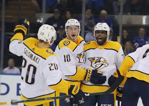 NEW YORK, NY – OCTOBER 04: (l-r) Miikka Salomaki #20, Colton Sissons and P.K. Subban #76 of the Nashville Predators celebrate Subban’s third period goal against the New York Rangers at Madison Square Garden on October 04, 2018 in New York City. The Predators defeated the Rangers 3-2.(Photo by Bruce Bennett/Getty Images)