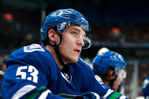 VANCOUVER, BC – MARCH 14: Bo Horvat #53 of the Vancouver Canucks looks on from the bench during their NHL game against the Winnipeg Jets at Rogers Arena March 14, 2016 in Vancouver, British Columbia, Canada. (Photo by Jeff Vinnick/NHLI via Getty Images)