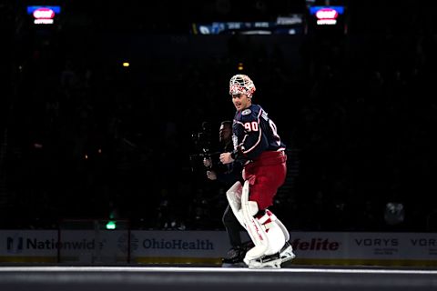 COLUMBUS, OHIO – NOVEMBER 02: First star of the game Elvis Merzlikins #90 of the Columbus Blue Jackets after the game against the Tampa Bay Lightning at Nationwide Arena on November 02, 2023 in Columbus, Ohio. (Photo by Jason Mowry/Getty Images)