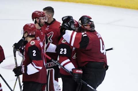 NHL Power Rankings: Arizona Coyotes goalie Mike Smith (41) celebrates with defenseman Oliver Ekman-Larsson (23) after beating the Philadelphia Flyers 4-3 in overtime at Gila River Arena. Mandatory Credit: Matt Kartozian-USA TODAY Sports