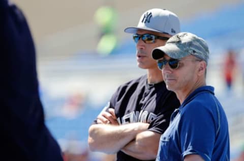 Mar 3, 2017; Dunedin, FL, USA; New York Yankees general manager Brian Cashman and manager Joe Girardi (28) talk prior to their spring training game against the Toronto Blue Jays at Florida Auto Exchange Stadium. Mandatory Credit: Kim Klement-USA TODAY Sports