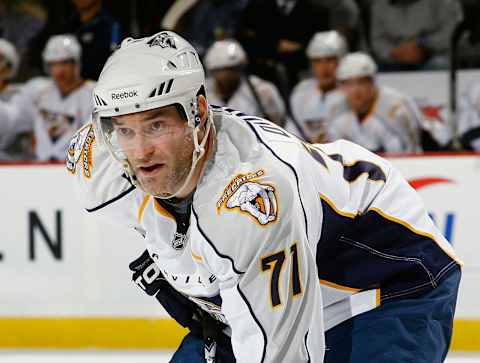 NEWARK, NJ – DECEMBER 17: J-P Dumont #71 of the Nashville Predators looks on against the New Jersey Devils during the game at the Prudential Center on December 17, 2010 in Newark, New Jersey. (Photo by Andy Marlin/NHLI via Getty Images)