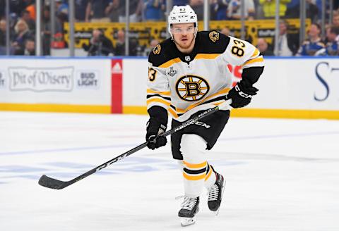 ST. LOUIS, MISSOURI – JUNE 09: Karson Kuhlman #83 of the Boston Bruins plays against the St. Louis Blues during Game Six of the 2019 NHL Stanley Cup Final at Enterprise Center on June 09, 2019 in St Louis, Missouri. (Photo by Brian Babineau/NHLI via Getty Images)