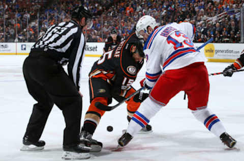 ANAHEIM, CA – MARCH 26: Ryan Getzlaf #15 of the Anaheim Ducks battles in a face-off against Kevin Hayes #13 of the New York Rangers during the game on March 26, 2017. (Photo by Debora Robinson/NHLI via Getty Images)