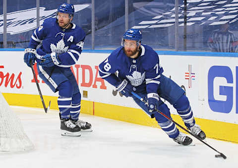 T.J. Brodie #78 and Morgan Rielly #44 of the Toronto Maple Leafs in Toronto, Ontario, Canada. (Photo by Claus Andersen/Getty Images)