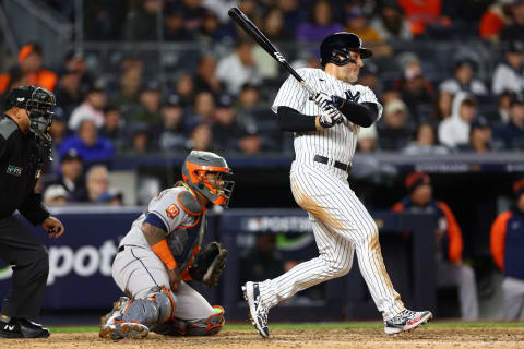 NEW YORK, NEW YORK – OCTOBER 23: Anthony Rizzo #48 of the New York Yankees hits an RBI single in the fourth inning against the Houston Astros in game four of the American League Championship Series at Yankee Stadium on October 23, 2022 in the Bronx borough of New York City. (Photo by Elsa/Getty Images)