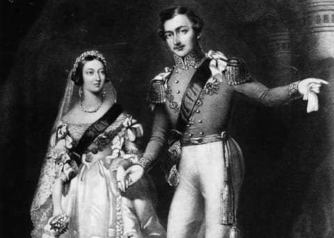 An engraving of Albert and Victoria in wedding clothes