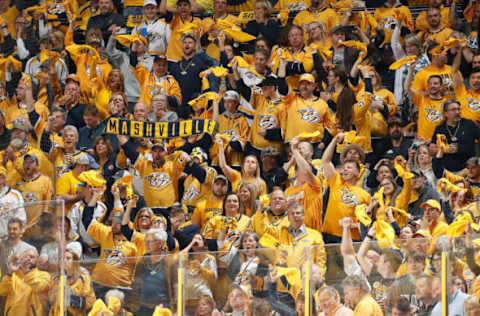 NASHVILLE, TN – APRIL 12: Nashville Predators fans celebrate a goal by Austin Watson