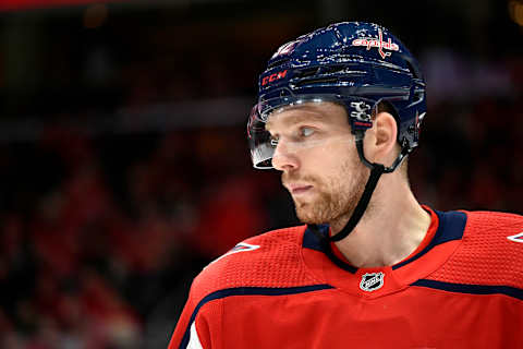 WASHINGTON, DC – JANUARY 29: Capitals center Evgeny Kuznetsov (92) waits for a face-off during the Nashville Predators vs. Washington Capitals NHL game on January 29, 2020 at Capital One Arena in Washington, D.C.. (Photo by Randy Litzinger/Icon Sportswire via Getty Images)