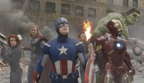 Robert Downey Jr., Chris Evans, Scarlett Johansson, Jeremy Renner, Mark Ruffalo, and Chris Hemsworth in The Avengers (2012).