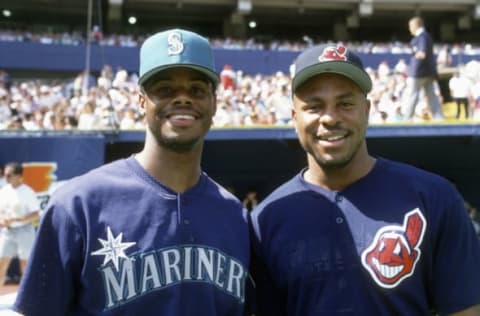 PITTSBURGH, PA – JULY 11: Ken Griffey Jr #24 of the Seattle Mariners and Albert Belle #8 if the Cleveland Indians poses together for this portrait prior to the start of the 1994 Major League Baseball All-Star game Gatorade Home Run Derby July 11, 1994 at Three Rivers Stadium in Pittsburgh, Pennsylvania. Griffey was the winner of the Gatorade Home Run Derby. (Photo by Focus on Sport/Getty Images)