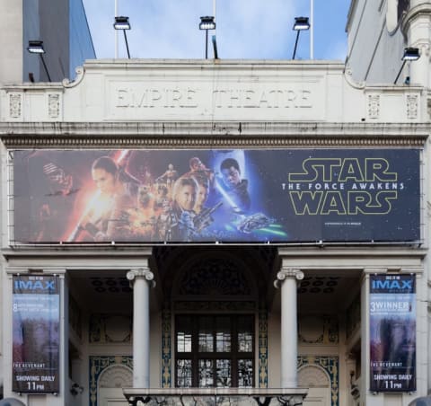 Star Wars: The Force Awakens on a movie theater marquee