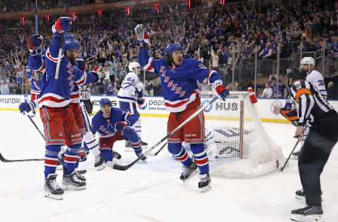 NEW YORK, NEW YORK – APRIL 13: Artemi Panarin #10 of the New York Rangers celebrates a goal that was later called off against the Toronto Maple Leafs at Madison Square Garden on April 13, 2023, in New York City. (Photo by Bruce Bennett/Getty Images)