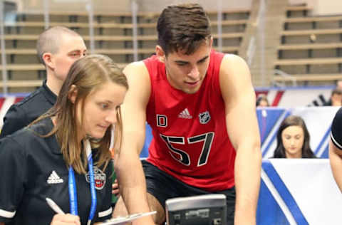 BUFFALO, NY – JUNE 1: Matthew Robertson prepares for the Wingate cycle test during the 2019 NHL Scouting Combine on June 1, 2019 at Harborcenter in Buffalo, New York. (Photo by Bill Wippert/NHLI via Getty Images)