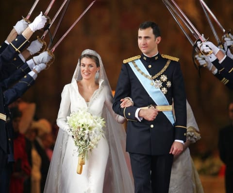 Princess of Asturias Letizia Ortiz and Spanish Crown Prince Felipe of Bourbon at their wedding in 2004.