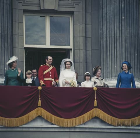 Anne, the Princess Royal and Mark Phillips pose on the balcony of Buckingham Palace in London, UK, after their wedding in November 1973.