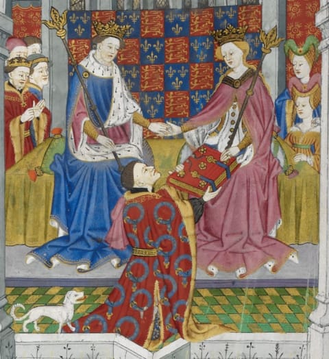 Detail of the illuminated miniature on the presentation page of the Talbot Shrewsbury Book, showing the donor, John Talbot, 1st Earl of Shrewsbury, presenting the book as a gift to Margaret of Anjou and Henry VI.