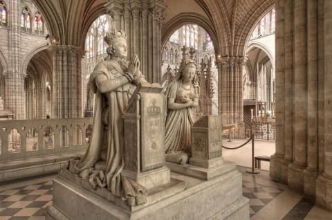 The funerary monuments (not the graves) of King Louis XVI and Queen Marie Antoinette at the Basilica of Saint Denis, France.