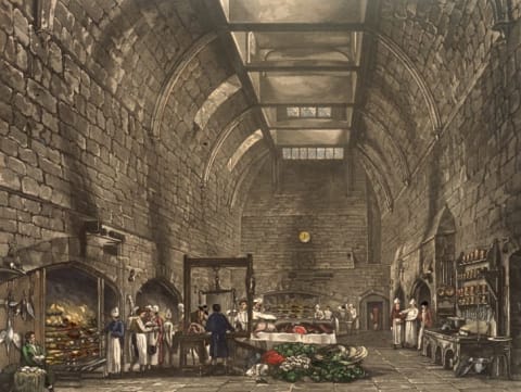 Culinary staff at work in the huge vaulted kitchen at Windsor Castle in 1818