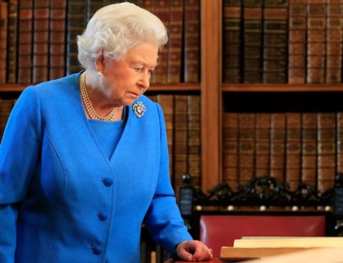 Queen Elizabeth II attends the launch of the George III Project at an event held in the Royal Library in Windsor Castle on April 1, 2015