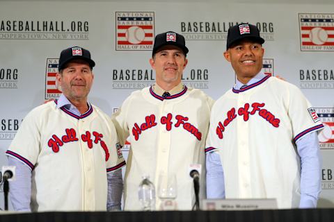 NEW YORK, NY – JANUARY 23: Edgar Martínez, Mike Mussina, and Mariano Rivera pose for a photo during the 2019 Baseball HOF press conference announcing this year’s induction class on Wednesday, January 23, 2019 at the St. Regis Hotel in New York City. (Photo by Alex Trautwig/MLB Photos via Getty Images)