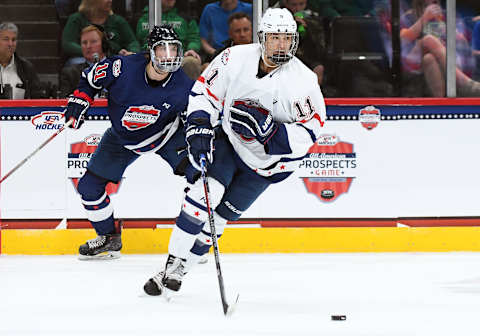 ST. PAUL, MN – SEPTEMBER 19: Team Langenbrunner forward Trevor Zegras (11) skates with the puck during the USA Hockey All-American Prospects Game between Team Leopold and Team Langenbrunner on September 19, 2018 at Xcel Energy Center in St. Paul, MN. Team Leopold defeated Team Langenbrunner 6-4.(Photo by Nick Wosika/Icon Sportswire via Getty Images)