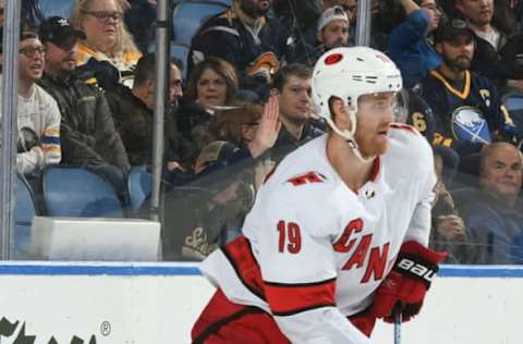 BUFFALO, NY – NOVEMBER 14: Dougie Hamilton #19 of the Carolina Hurricanes skates during an NHL game against the Buffalo Sabres on November 14, 2019 at KeyBank Center in Buffalo, New York. (Photo by Joe Hrycych/NHLI via Getty Images)