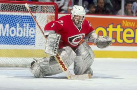 19 Nov 1998: Goalie Arturs Irbe #1 of the Carolina Hurricanes prepares to make a stop during a game against the New Jersey Devils at the Continental Airlines Arena in East Rutherford, New Jersey. The Devils defeated the Hurricanes 3-2. Mandatory Credit: Al Bello /Allsport