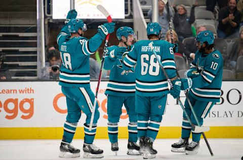 Nov 7, 2023; San Jose, California, USA; San Jose Sharks center William Eklund (72) celebrates with center Tomas Hertl (48) and left wing Mike Hoffman (68), and left wing Anthony Duclair (10) after scoring a goal against the Philadelphia Flyers during the second period at SAP Center at San Jose. Mandatory Credit: Robert Edwards-USA TODAY Sports