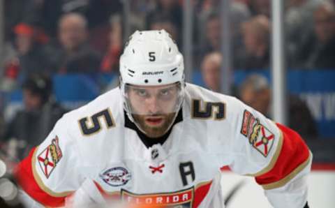 PHILADELPHIA, PA – NOVEMBER 13: Aaron Ekblad #5 of the Florida Panthers looks on against the Philadelphia Flyers on November 13, 2018 at the Wells Fargo Center in Philadelphia, Pennsylvania. (Photo by Len Redkoles/NHLI via Getty Images)