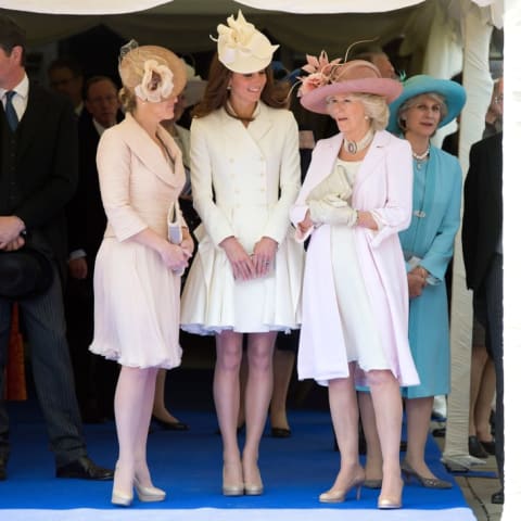 Sophie Rhys-Jones, Countess of Wessex, Catherine, Duchess of Cambridge, and Camilla, Duchess of Cornwall watch the Order of the Garter procession at Windsor Castle in June 2011.