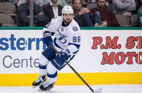 Feb 18, 2017; Dallas, TX, USA; Tampa Bay Lightning right wing Nikita Kucherov (86) skates against the Dallas Stars during the game at the American Airlines Center. The Stars defeat the Lightning 4-3 in overtime. Mandatory Credit: Jerome Miron-USA TODAY Sports