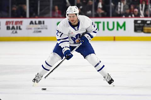 LAVAL, QC – DECEMBER 28: Toronto Marlies right wing Jeremy Bracco (27) about to cross the blue line with the puck during the Toronto Marlies versus the Laval Rocket game on December 28, 2019, at Place Bell in Laval, QC (Photo by David Kirouac/Icon Sportswire via Getty Images)