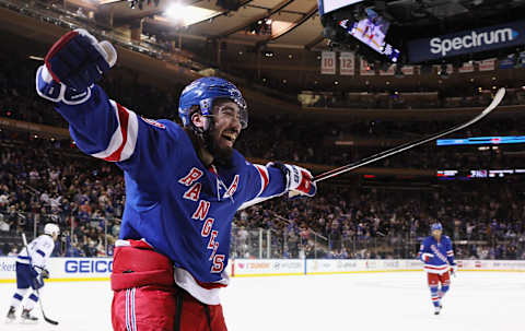 Mika Zibanejad #93 of the New York Rangers scores his hattrick goal (Photo by Bruce Bennett/Getty Images)