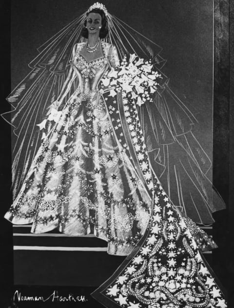 A sketch of Princess Elizabeth's wedding dress by Norman Hartnell