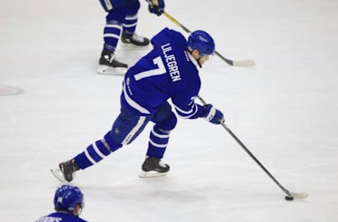 TORONTO , ON- APRIL 15 – Marlies April 15 Toronto Marlies Tim Liljegren goes to the net against the Belleville Senators in the second at the Ricoh Centre on Sunday. April 15, 2018. (Rene Johnston/Toronto Star via Getty Images)