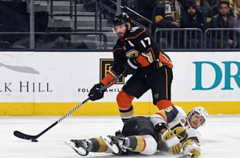 LAS VEGAS, NV – FEBRUARY 19: Colin Miller #6 of the Vegas Golden Knights slides to try and block Ryan Kesler #17 of the Anaheim Ducks from passing the puck in front of the net. The Ducks won 2-0. (Photo by Ethan Miller/Getty Images)