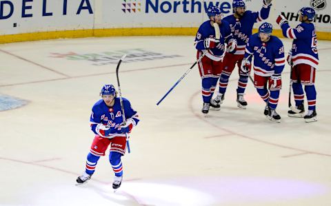 Oct 17, 2022; New York, New York, USA; New York Rangers left wing Artemi Panarin (10) celebrates his goal against the Anaheim Ducks during the second period at Madison Square Garden. Mandatory Credit: Danny Wild-USA TODAY Sports