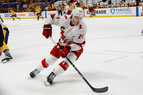 Jake Bean #24 of the Carolina Hurricanes. (Photo by Frederick Breedon/Getty Images)