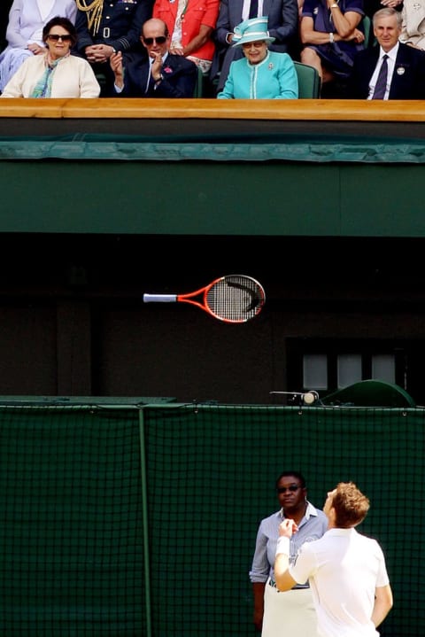 The Duke of Kent (L) and Queen Elizabeth II watch Andy Murray of Great Britain in action against Jarkko Nieminen of Finland on Day Four of the Wimbledon Lawn Tennis Championships at the All England Lawn Tennis and Croquet Club on June 24, 2010 in London,