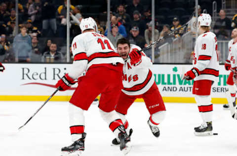 BOSTON, MA – DECEMBER 03: Carolina Hurricanes winger Jordan Martinook (48) mock checks Carolina Hurricanes center Jordan Staal (11) in warm up before a game between the Boston Bruins and the Carolina Hurricanes on December 3, 2019, at TD garden in Boston, Massachusetts. (Photo by Fred Kfoury III/Icon Sportswire via Getty Images)