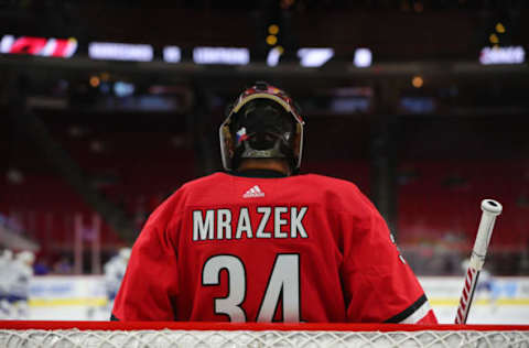 RALEIGH, NC – SEPTEMBER 18:Carolina Hurricanes goaltender Petr Mrazek (34) during the warmups of the Carolina Hurricanes game versus the Tampa Bay Lightning on September 18th, 2019 at PNC Arena in Raleigh, NC. (Photo by Jaylynn Nash/Icon Sportswire via Getty Images)